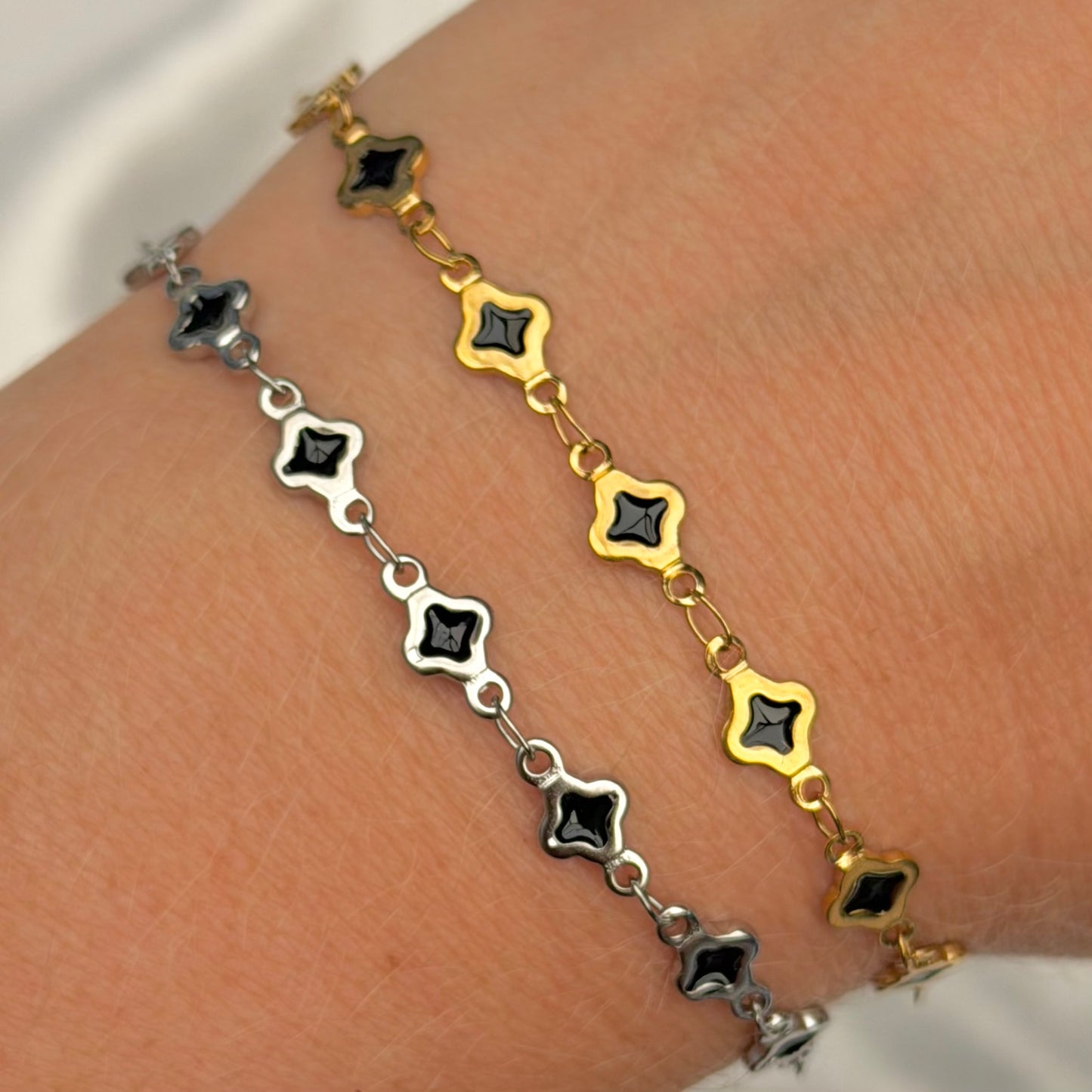 Black Enamel Clover Chain • Stainless Steel